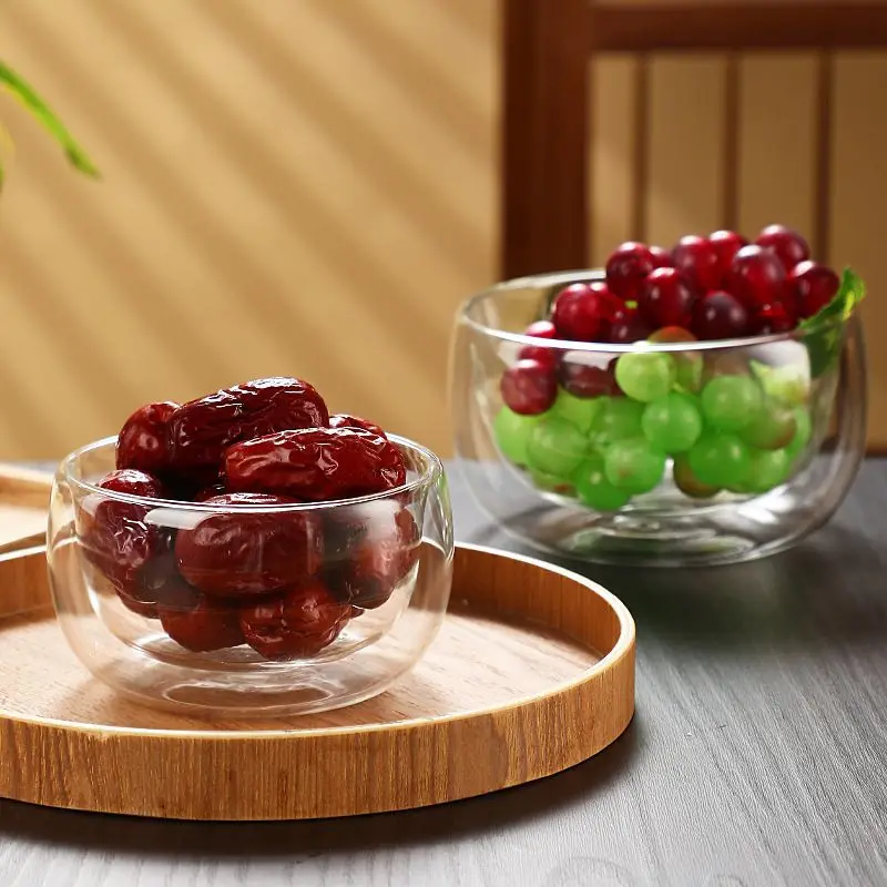 

300/500ml Clear Double Layer Glass Bowl Heat-resistant Fruit Salad Bowl Kitchen Glassware For Soup Cereal Dessert Bowls
