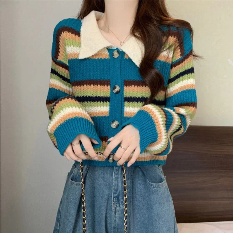 ลาย Cropped เสื้อสเวตเตอร์ถักผู้หญิงเสื้อกันหนาว Vintage ฤดูใบไม้ร่วงเสื้อถัก Ulzzang Classic Soft Coat All-match Mujer High Street Chic ทุกวัน