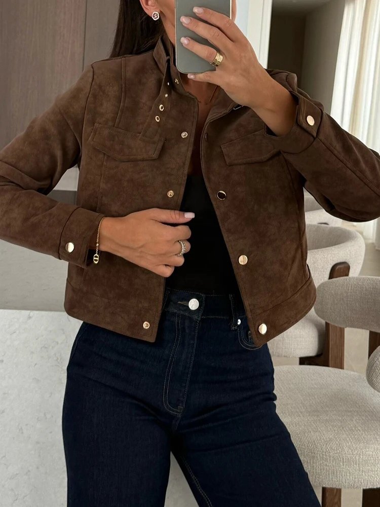 

Winter Deer Fur Long Sleeved Jacket Retro Solid Color Single Breasted Slim Fit Outwear Office Ladies Stand Collar Desert Coats
