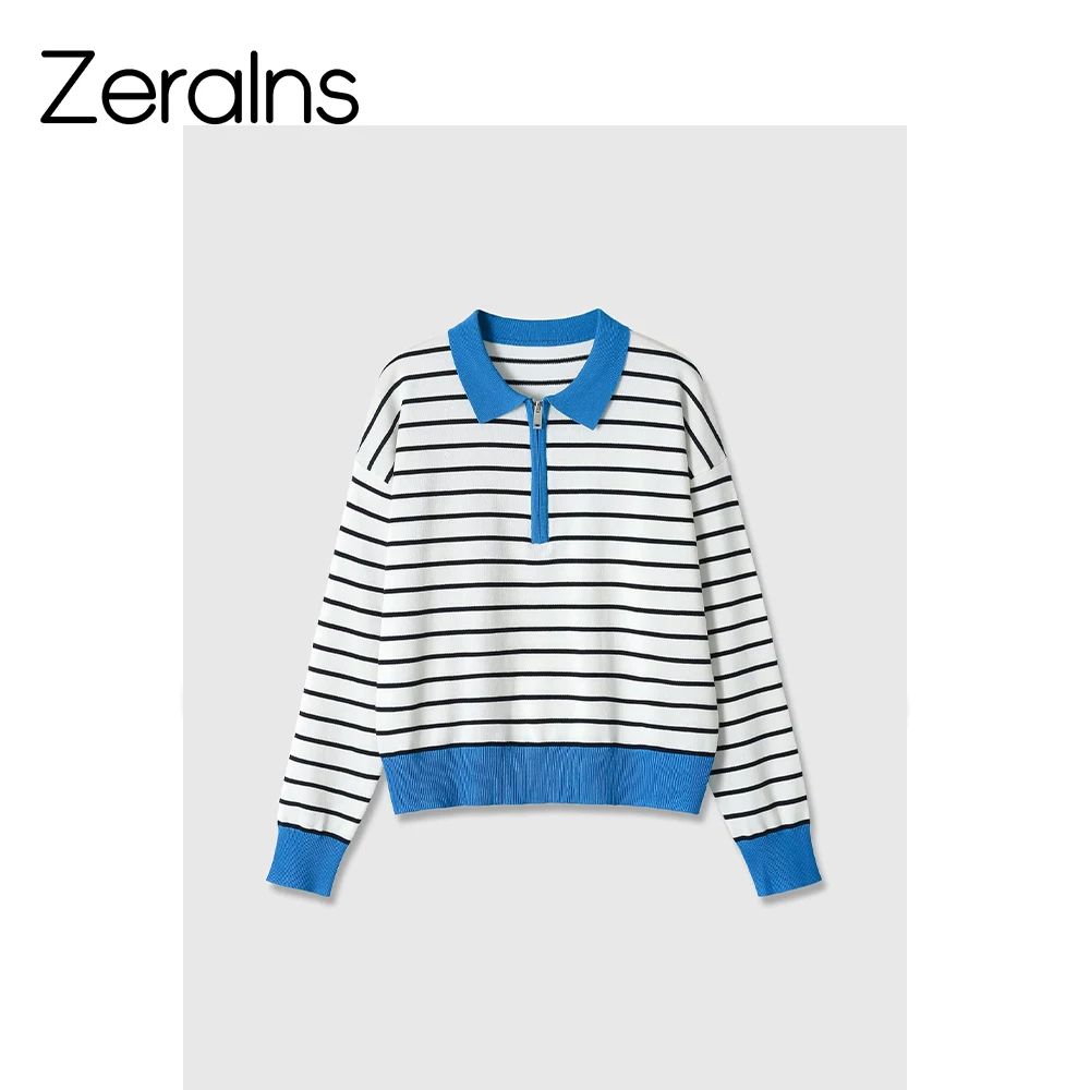 ZERAINS French retro minimalist style striped half zip POLO collar long sleeved knitted sweater women's top