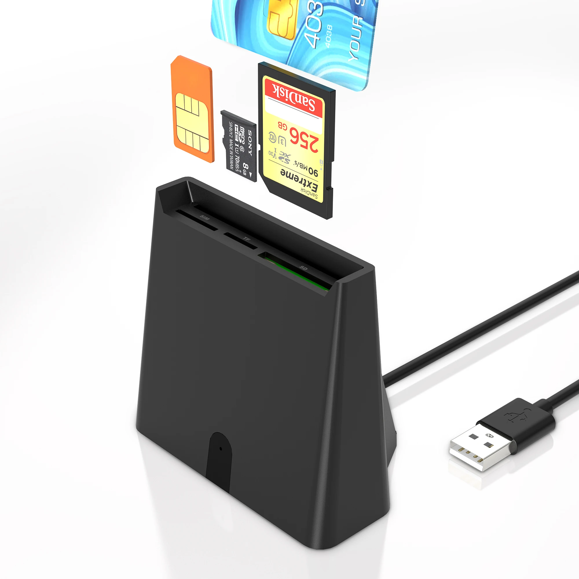 4-in-1 CAC Smart Card Reader Build in SD/SDHC/SDXC + Micro SD + Cell Phone SIM Card + EMV Chip, DOD Military USB Common Access