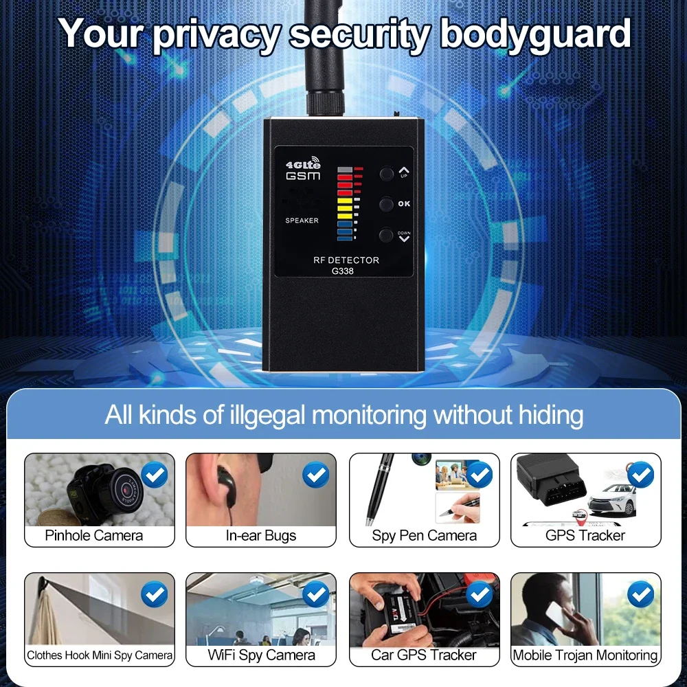 G338 Anti Spy Anti Candid Cameras Detector Bug Mini GSM Wireless RF Signal Automatic Detects GPS Locator Tracker Finder Scanner