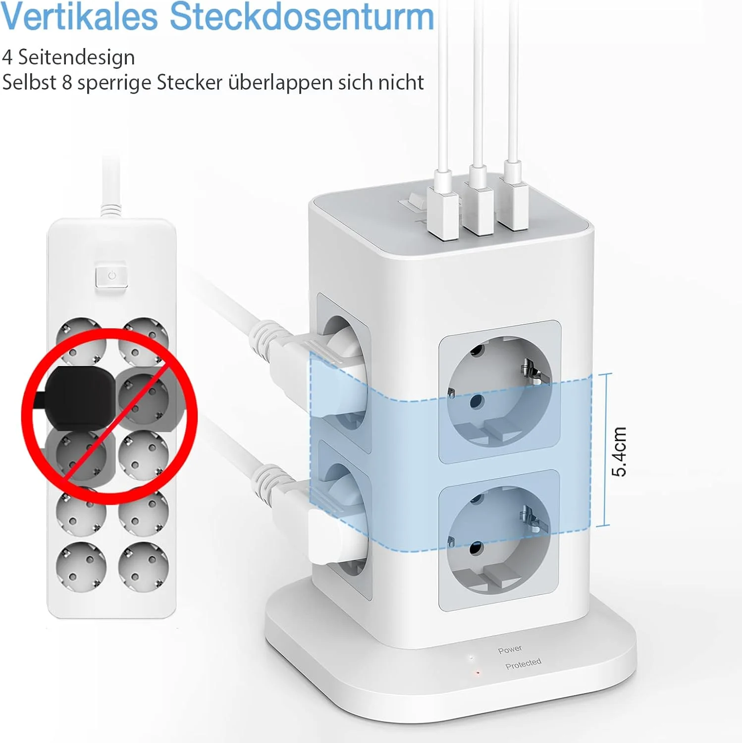 TESSAN Tower Power Strip Multi Outlets with USB, 2M Extension Cable EU Plug Vertical Electric Socket Surge Protection for Home