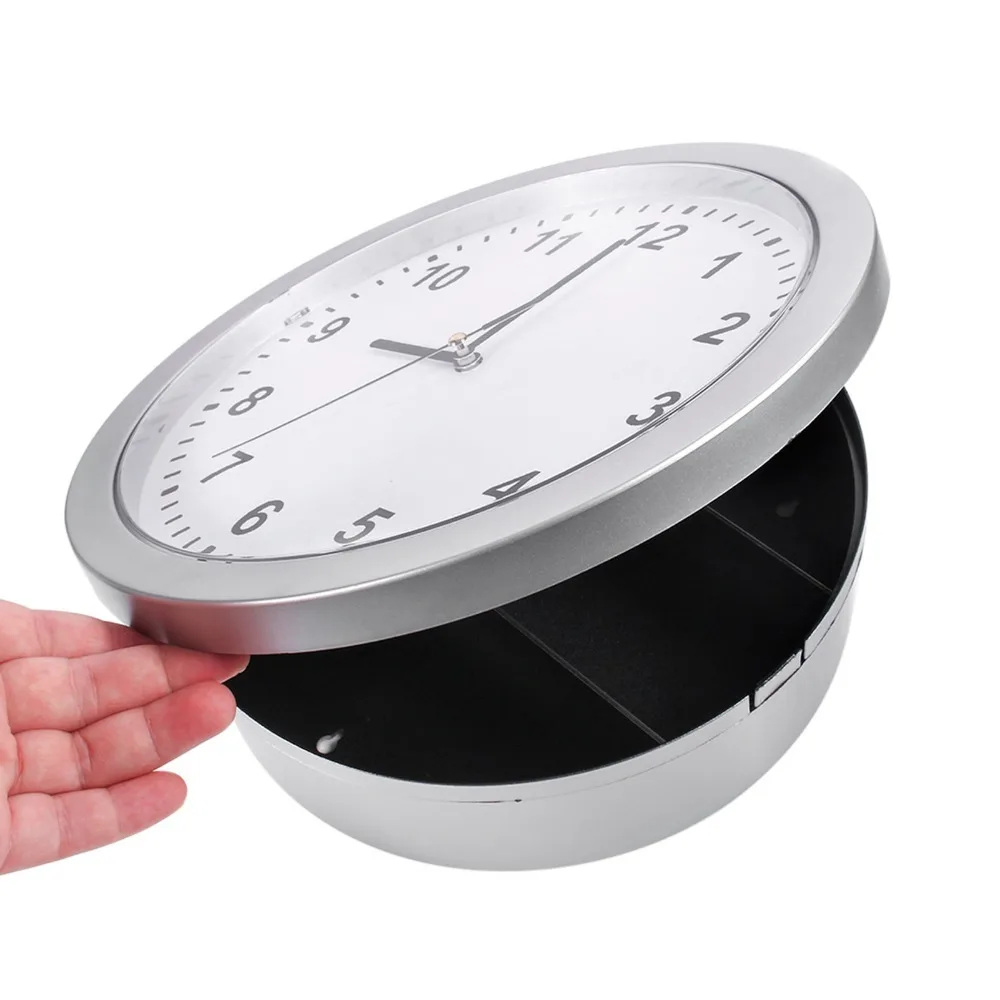 Wall Mountable Wall Clock Safe Box Lockable Container Compact Size Clock Hidden Storage Container Silver Brown