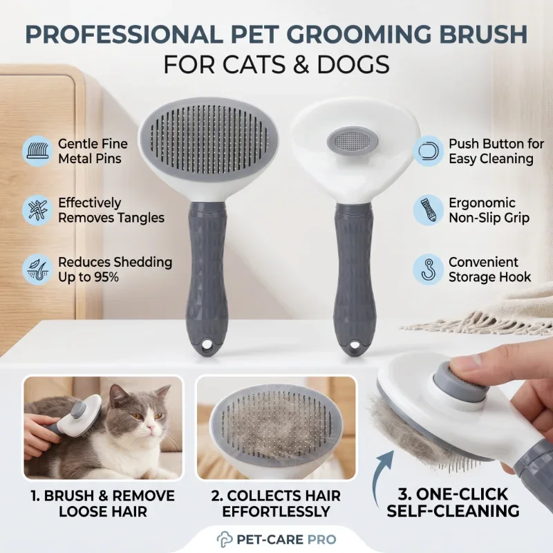 Dog Cat Grooming Brush, Self-Cleaning Slicker Comb with Massage Beads, Pet Hair Remover Brush for Long Short Hair