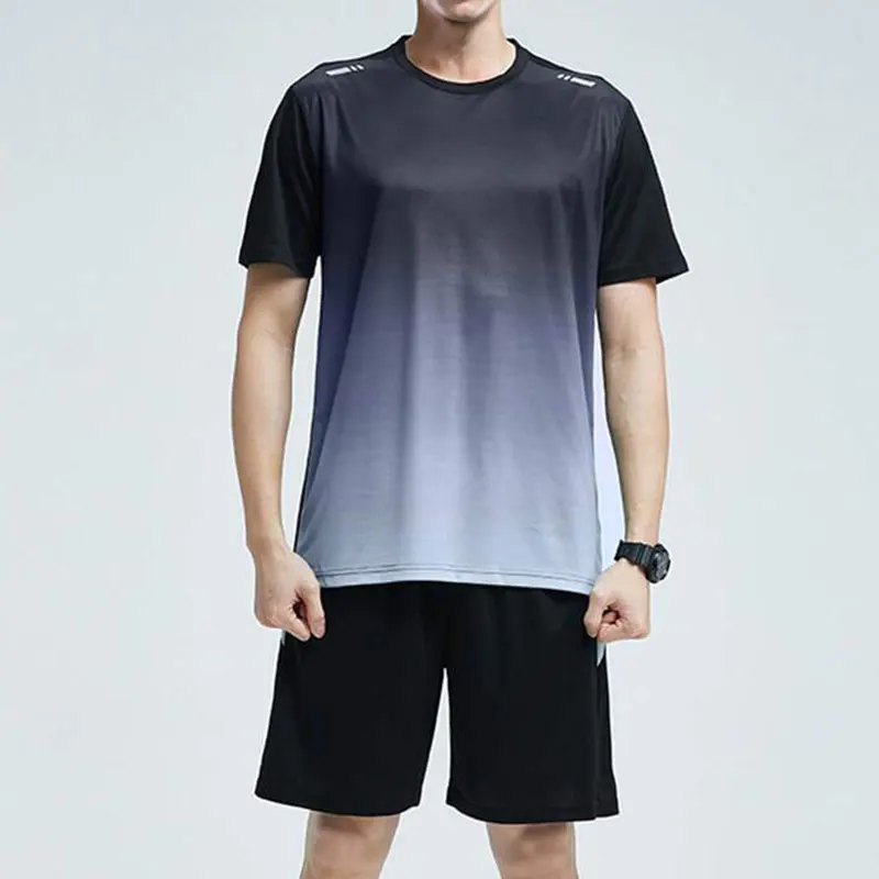 Men Active Quick Dry Crew Neck T Shirts and Shorts Set Athletic Workout Short Sleeve Clothes Basketball Running Gym Sports Suit