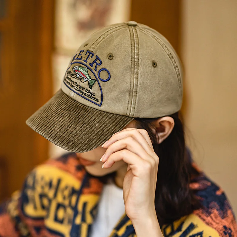 Maden Women's Baseball Cap Vintage Distressed Corduroy Embroidered hat Khaki Curved Daily Cap for Spring Autumn