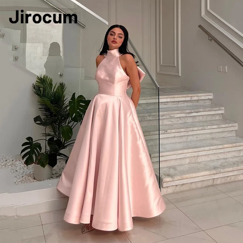 

Jirocum Pink A Line Prom Dress Women's Satin Princess Halter Neck Party Evening Gown with Bow Ankle Length Formal Occasion Gowns