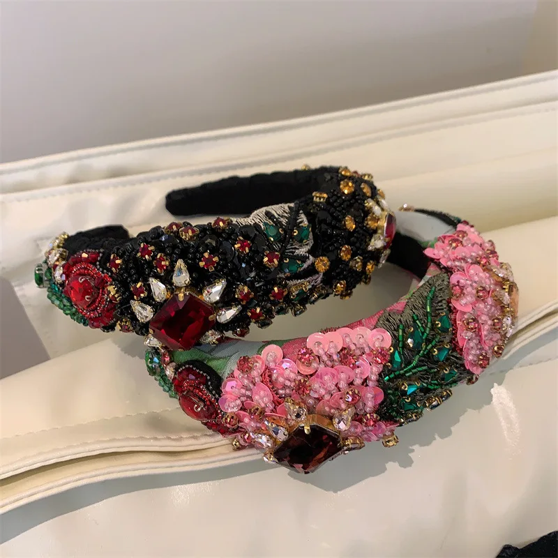 Pink Red Hair Hoops Retro Baroque Rhinestone Handmade Head Hoops Women\'s Style Fashion High Grade Sponge Hair Accessories