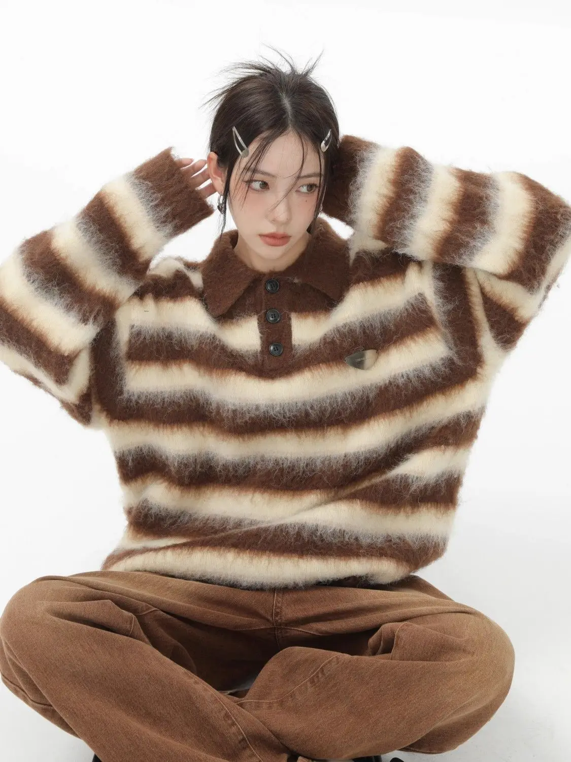 Spicy Girl Retro Brown Striped Lapel Polo Neck Knitted Sweater for Women Pure Desire Lazy Style Loose Student Sweater