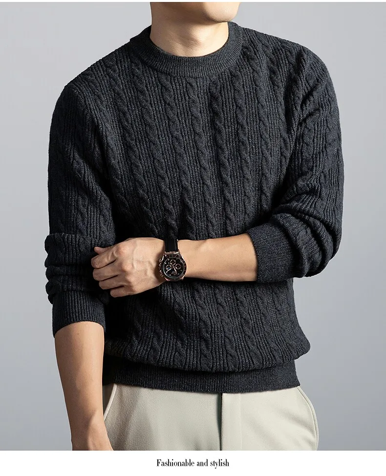 100% pure cashmere sweater men's sweater retro linen pattern round neck thick warm bottoming shirt sweater