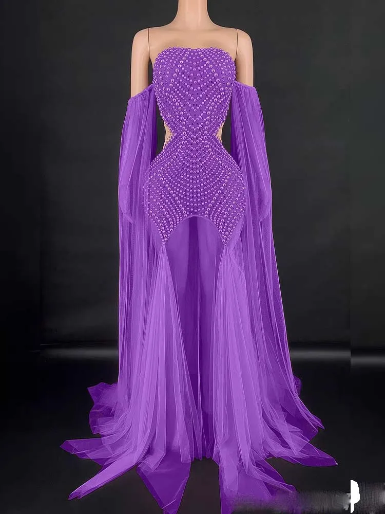High Quality Hot Rolled Pearl Sexy Mesh Spliced Pearl Strapless Dress 2025 New Fashion Custom Women'S Clothing