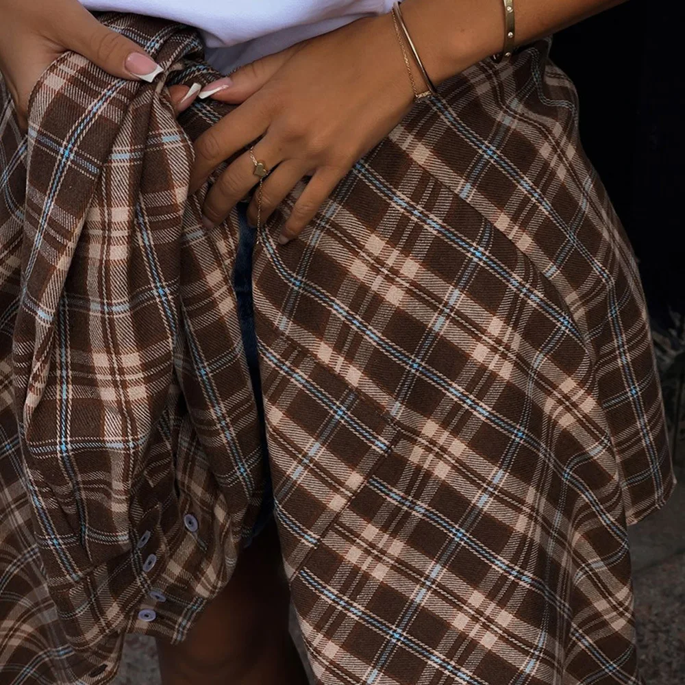 Camisas a cuadros grises de otoño para mujer, camisa de manga larga con bolsillo Retro, abrigo, camisetas y blusas para mujer, camisas y blusas 한kta.05.Chemise