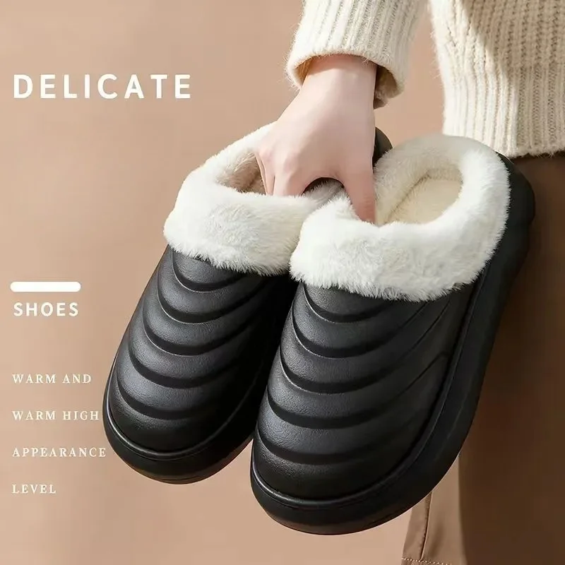 Waterproof Cotton Slippers for Women Men Winter Outdoor Indoor Non slip Home Plush Shoes Thick Bottom