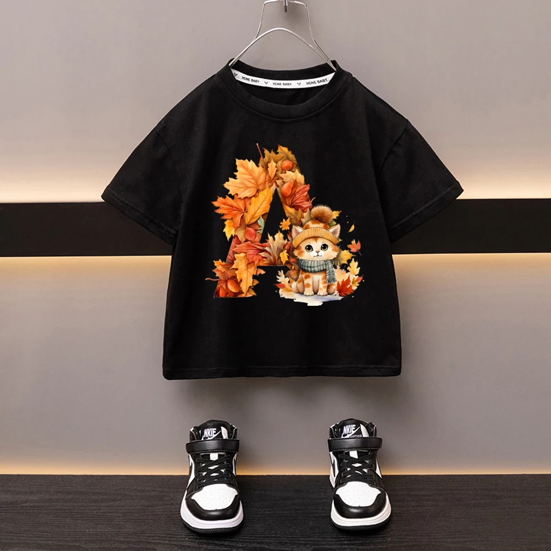 Maple Leaves Letter A Children T-shirt Kawaii Clothes for Girls T Shirt Anime Cartoons Casual Kid Boy Short Sleeve Tops New 2024