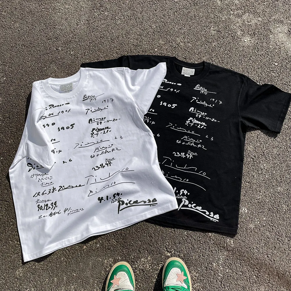Lightweight Breathable Short Sleeve T-Shirt Hand-Drawn Print Loose Fit Summer Fashion Casual round Neck Youth Popular Style