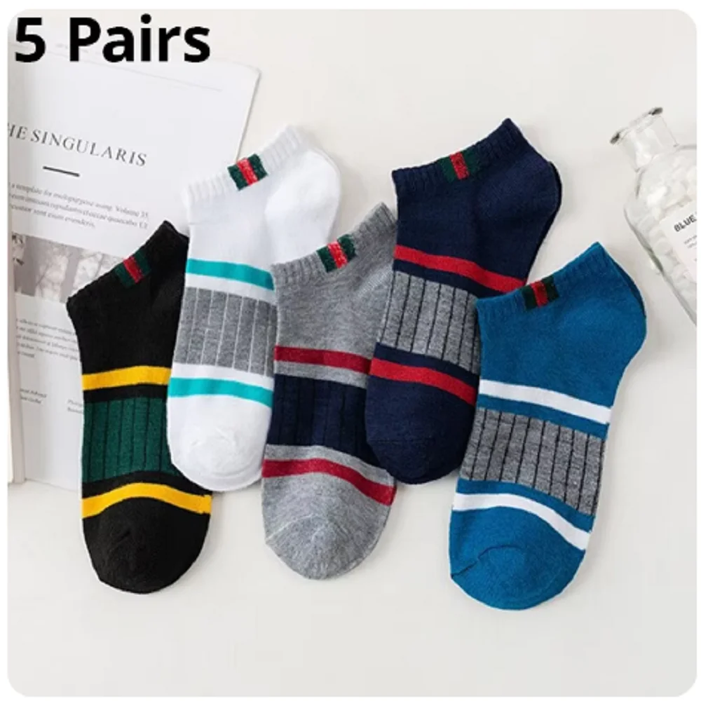 5 Pairs Of Mens Casual Boat Socks Simple Sweat Absorbing Breathable Vertical Bar Parallel Bars Ovement Tube Socks