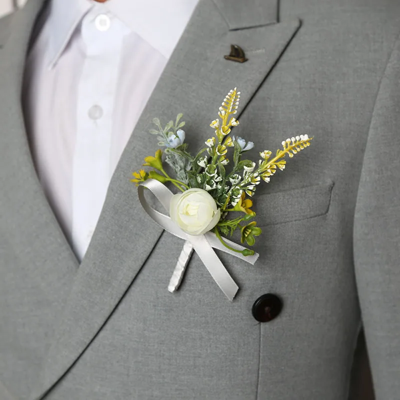 Broche de ramillete de boda, flor simulada, flor de Camelia, Margarita, tulipán blanco, rosa, flor de seda, ramillete, Pin, flores