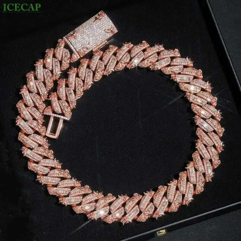 

Fashion Jewelry 925 Sterling Silver Rose Cuban Link Chain Vvs Moissanite with Gra Certificate Miami Necklace for Men Women