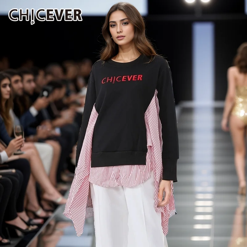 

CHICEVER Hit Color Printing Letter Sweatshirts Round Neck Drop Shoulder Long Sleeve Patchwork Ruffel Pullovers Female Clothing