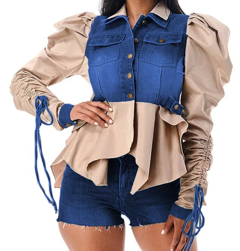 

Casual Women Jeans Jaacket Coat Color Patchwork Drawstring Pulf Sleeve Streetwear Clothes For Women Outfit