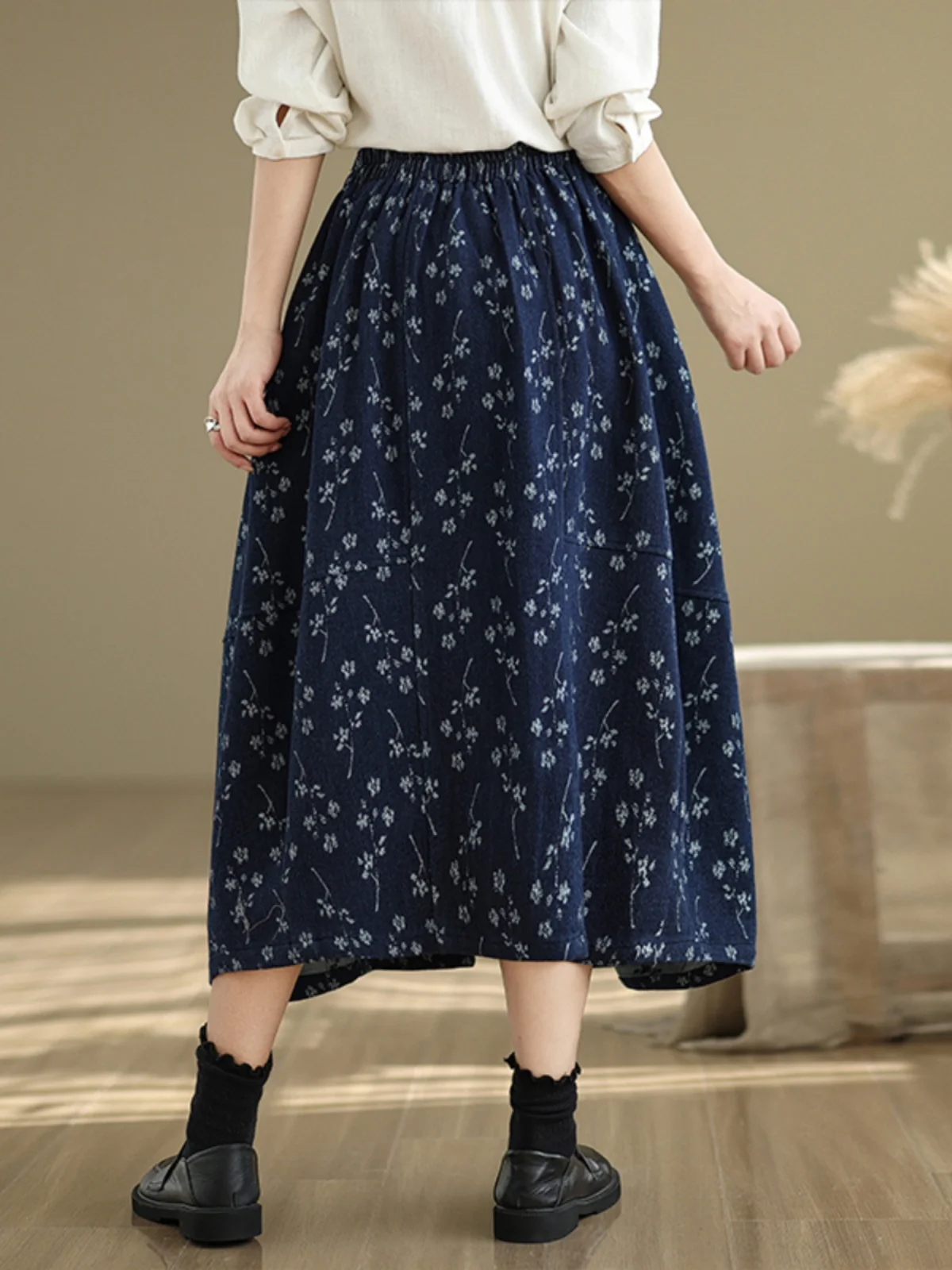 

Retro Blue Floral Denim Cotton f Skirt Women's High Waist Slim Mid-Length Bloomer Skirt Versatile A-Line Skirt