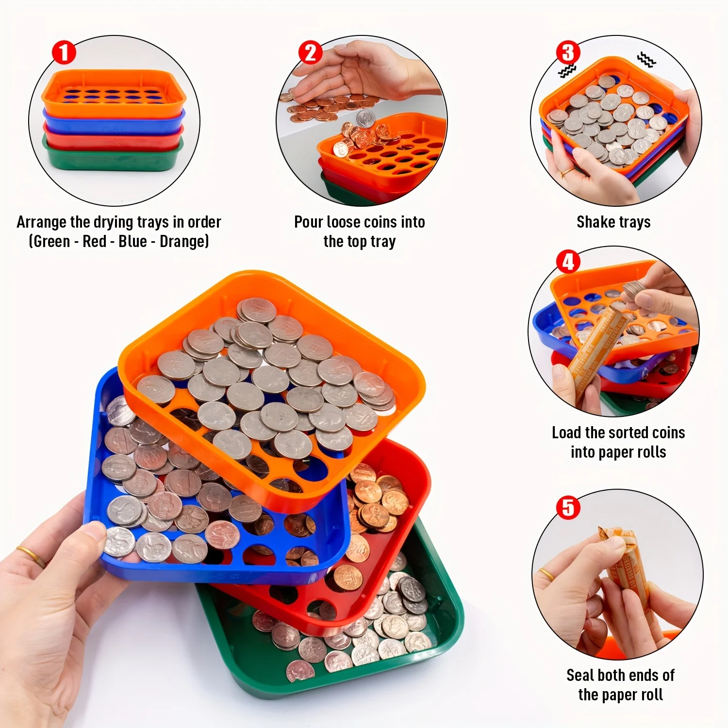 ABA Coin Sorters Tray & Coin Counters -4 Color-Coded Coin Sorting Tray 100 Assorted Flat Coin Roll Wrappers For US Coins