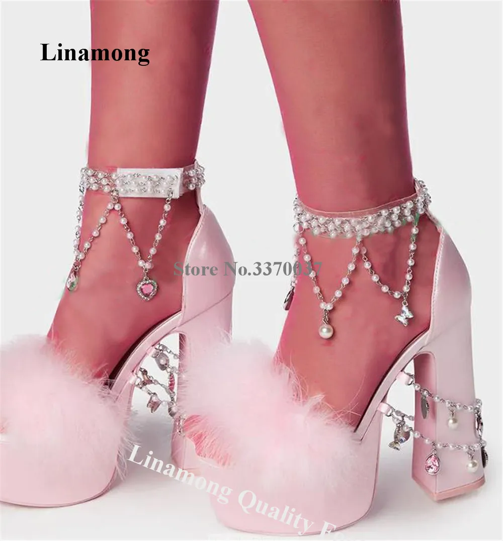 

Linamong Metal Chains Rhinestones Chunky Heel Sandals Newest Pink Satin Fur Pearls High Platform Thick Heel Pumps Wedding Heels