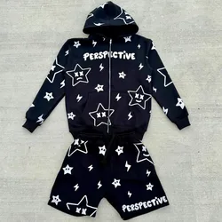 2024 spring starry print casual sports suit American couple street Harajuku loose zipper hoodie sweatshirt  y2k clothes 2000s