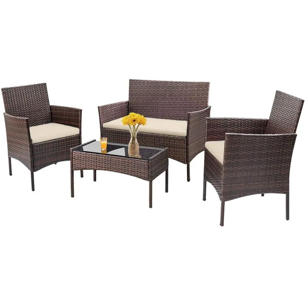 

Patio Furniture Set 4 Piece Outdoor Wicker Sofas Rattan Chair Wicker Conversation Set Coffee Table Bistro Sets for Pool Backyard