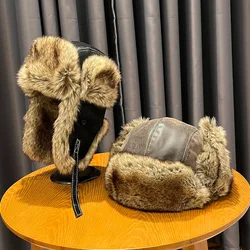 2024 Winter New Retro Leather Fluff Hat Men's Cold-Proof Outdoor Cycling Skiing Mountaineering Nostalgic Flight Helmet