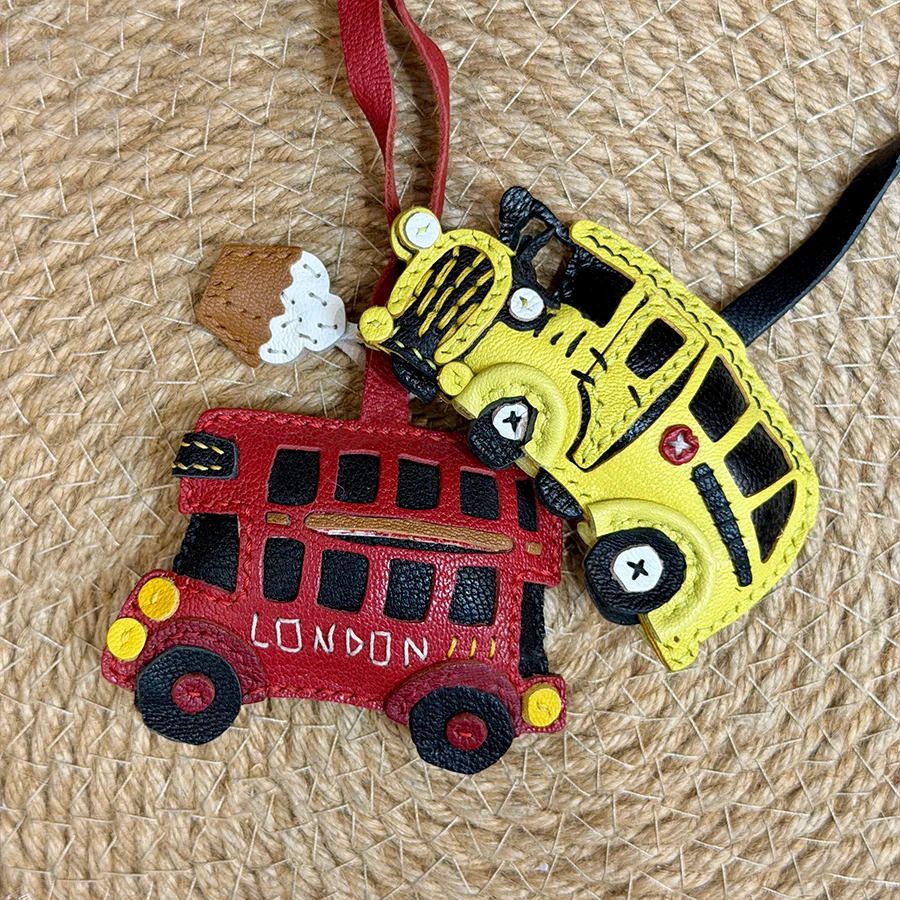 Cartoon London Bus Sheepskin Bag Charm Handbag Pendant Keychain Exquisite Creative Handmade Coffee Cup Simple Bag Accessories