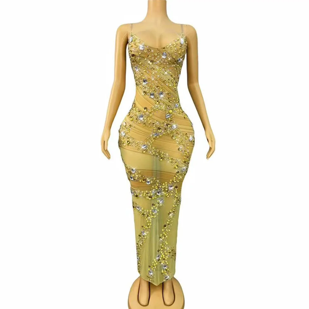 

Luxury Elegant Sparkly Rhinestones Evening Gown Suspenders Mesh Dress Women Cocktail Birthday Party Red carpet Show Stage Wear