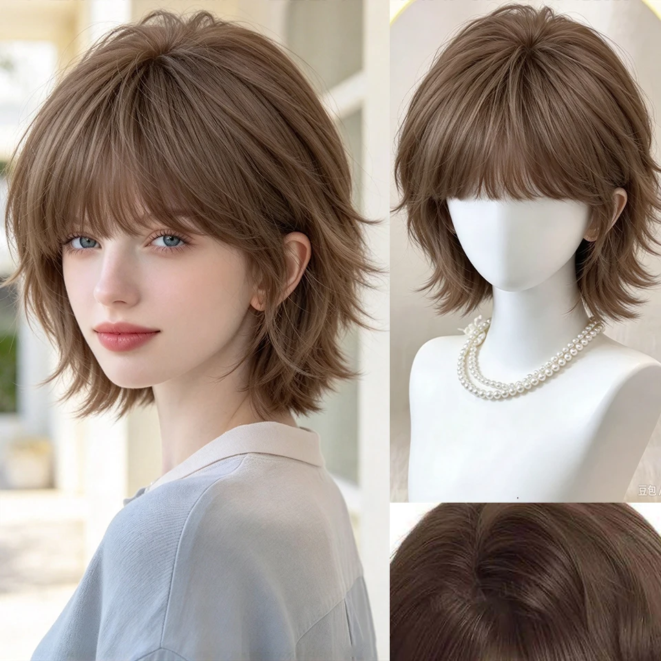Synthetic Short Curly Wavy Lolita Anime Wig with Bangs Wig Girl Cute Flaxen Brown Cosplay Theme Party Halloween Christmas Wig
