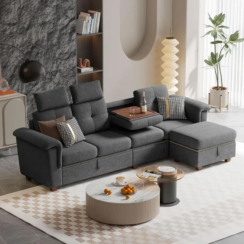 Sofa dengan tempat penyimpanan, Sofa bentuk L 4 kursi dengan tempat duduk dan tempat cangkir, Sofa kain serat mikro Modern