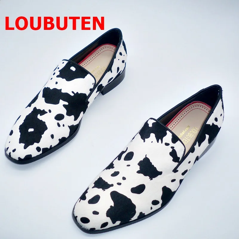 LOUBUTEN Horsehair Leather Black And White Colors Graffiti Loafers Luxury Designer Summer Casual Shoes Flats Men Dress Shoes