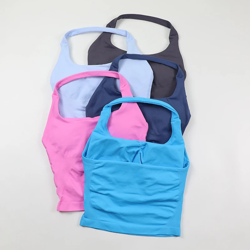 

Seamless Yoga Tank Top With Shelf Bra Support Gym Vest Tops Women Halter Neck Workout Clothes Fitted Open Back Sports Shirts