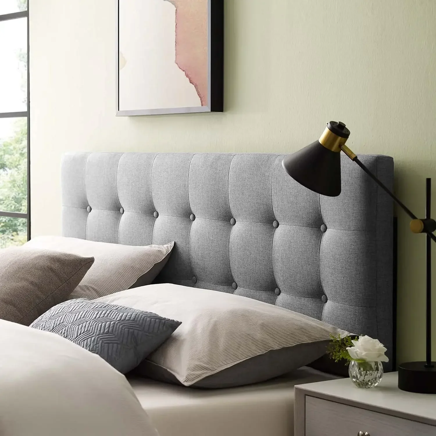 Emily Tufted Button Linen Fabric Upholstered Full Headboard in Gray