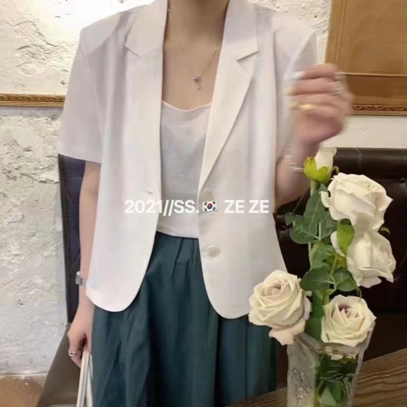 2023 Women's Clothing Solid Color Notched Temperament Button Short Sleeve Premium Loose Casual Summer Thin Office Lady Blazers