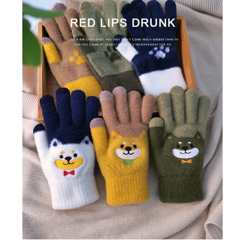 Winter Gloves with High Appearance Level Cute Cartoon Fleece Thickened Touch Screen Anti-slip and Finger-separating Warm Gloves