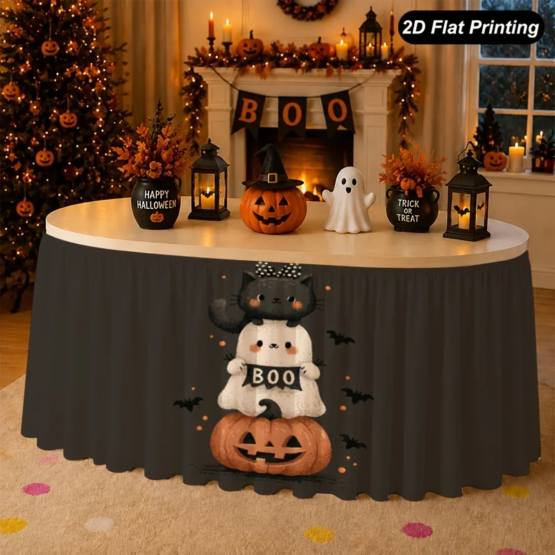1 piece 2D flat Halloween tablecloth ghost pumpkin stacked table skirt, perfect for home kitchen decoration family pie