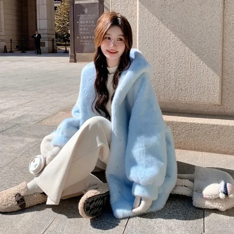 韓国レディースファッションカジュアルプラッシュジャケット2025女性用長袖ファーアウター秋冬レディースミディアム丈フェイクファーコート