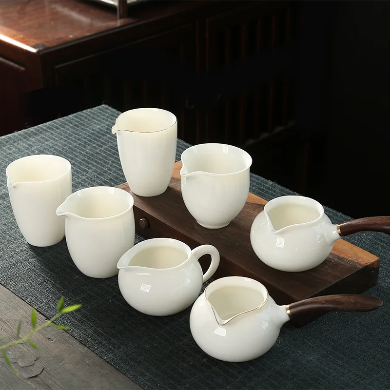 White Porcelain Divider Side Wooden Handle Fair Gold Rim Handleless Sea Even Cup Single Kung Fu Set Tea Ceremony