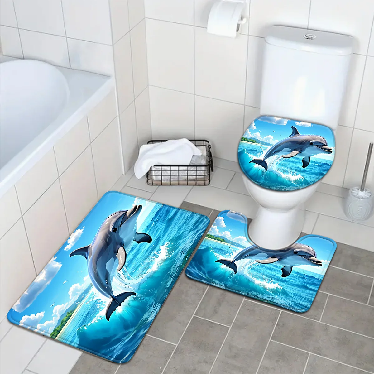 3pcs Jumping Dolphin Bathroom Rug Set Non-Slip U-Shaped Mat and Toilet Lid Cover Blue Ocean Sea Animal Theme Indoor Floor Mats