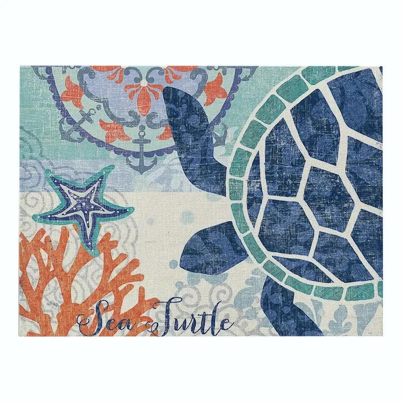 

4PC Mermaid Pattern Kitchen Placemat Marine Life Decorative Table Mats Linen Waterproof Drink Coasters Sea Turtle