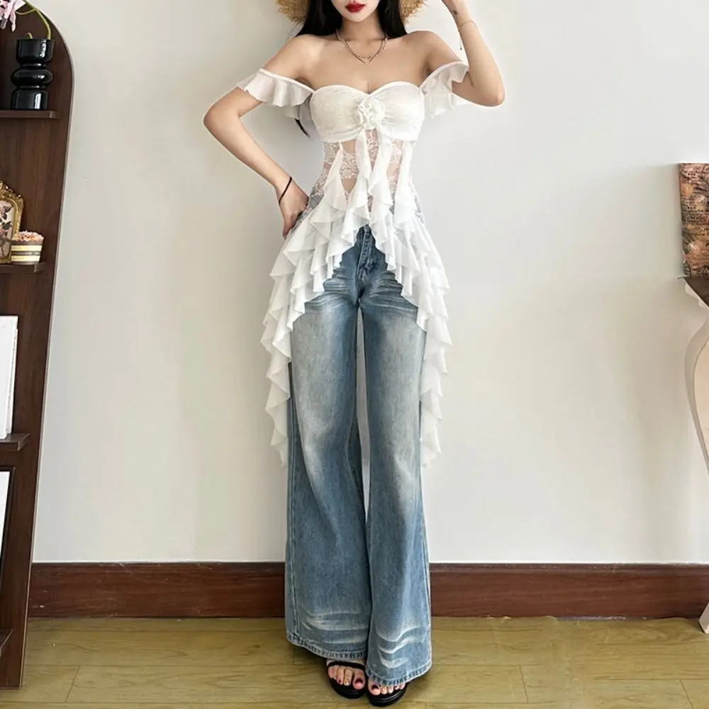 

Off-shoulder Lace Flower Tassel Camisole Ruffled Edge Beachwear Mesh Ribbon Dress Sweet Spicy Girl Style Sleeveless Top Women