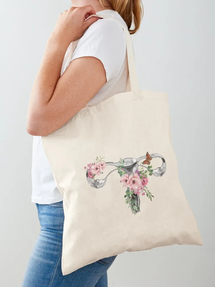 Uterus Pro choice Feminist pink flower Tote Bag Handbags women Cloth bag Shopper large size bags