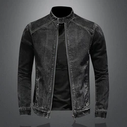 High Quality Men's Denim Jackets Black Stand Collar Motorcycle Outerwear Cotton Vintage Bomber Jacket Mens Moto Biker Denim Coat