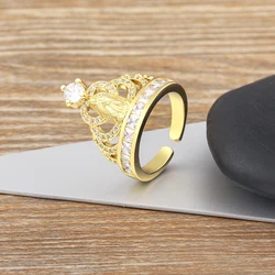 Nidin Classic Gold Plated Zircon Virgin Mary Crown Open Ring Religious Adjustable Luxury Top Quality Femme Party Accessories