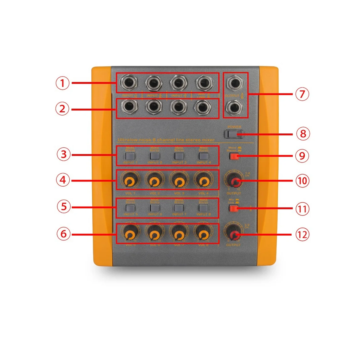 8-Channel Audio Mixer, DC 5V,Low-Noise Stereo Mono Switching, for Small Clubs or Bars, As Guitars, Bass, Keyboard